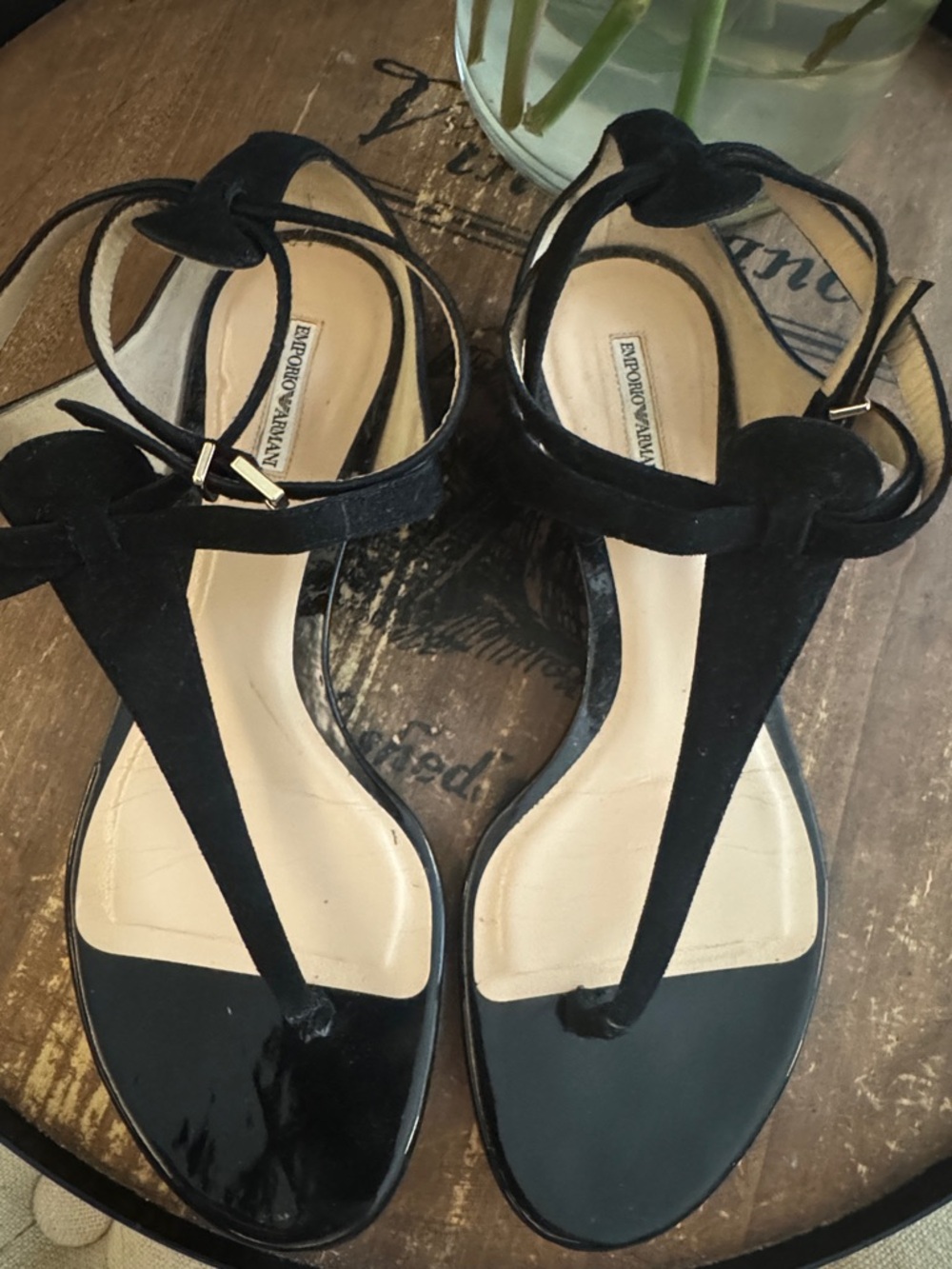 Emporio Armani Black Suede T-Strap Ankle Strap Sandals - size 6 (36) Beautiful!